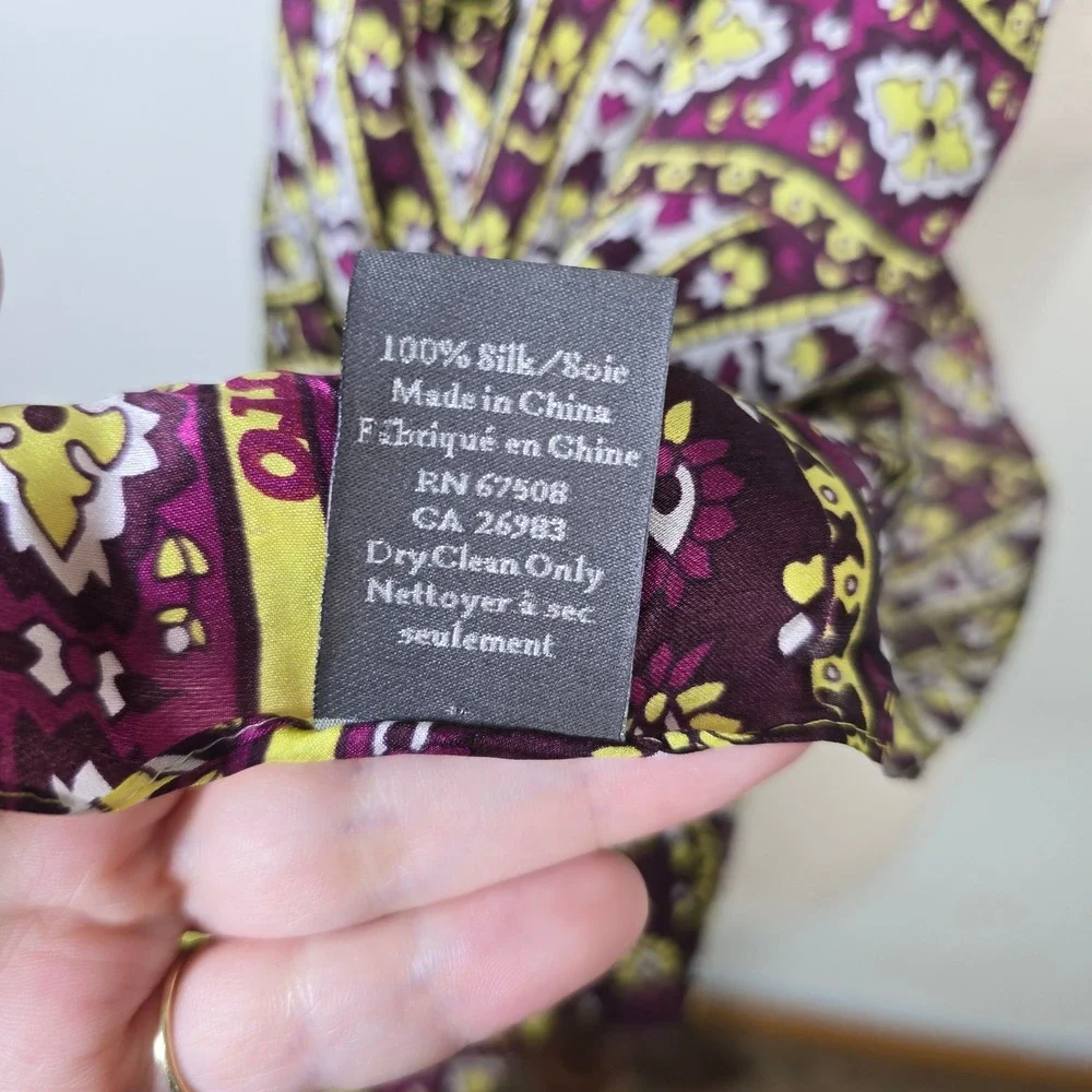 Vince Camuto 100% Silk Scarf Purple Yellow Geometric Floral Medallion Rectangle